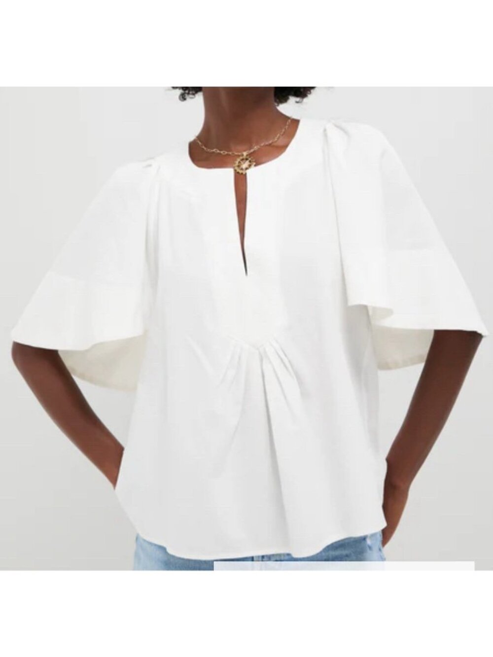 Pomander Place Finley Flutter Sleeve Top Size L White Cotton Split Neck